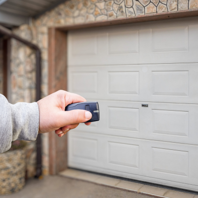 Fort Wayne security key fob pointing to a garage door
